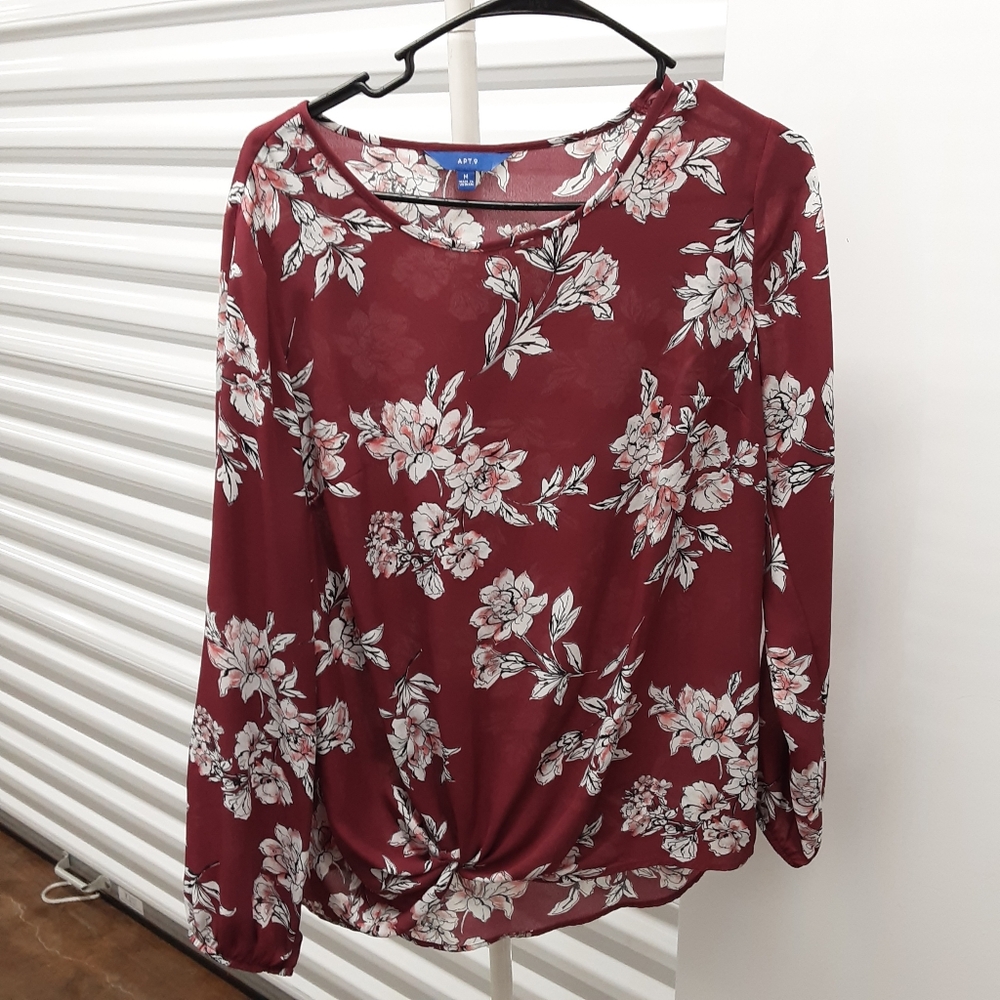 Apt. 9 Burgundy Floral Long-Sleeve Twist-Hem Blouse